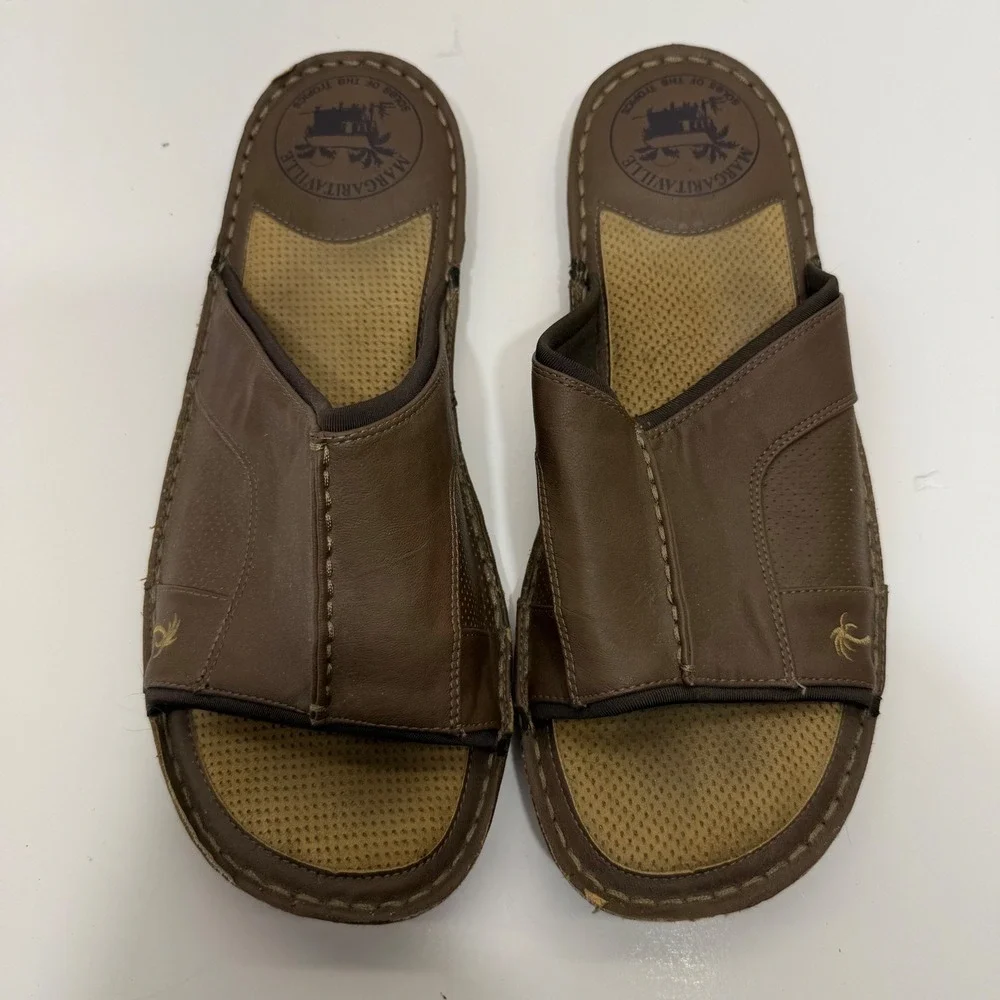 Margaritaville Mens 13 Brown Leather Slide Sandals MFM181314 Tropical Beach Shoe